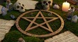 © themondunee - A wooden pentagram is on moss with skulls crystals scrolls and a candle