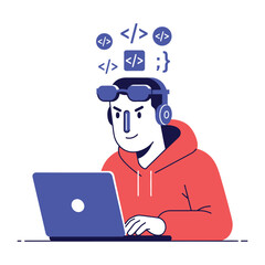 Tech Enthusiast and Coding: A digital illustration showcases a focused individual immersed in coding, visualized through thought bubbles, headphones, and advanced gear in a professional workspace.