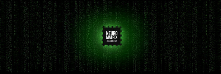 Artificial Intelligence Chip Digital Matrix Background Binary Code Glowing Green Light. Futuristic Data Technology BG Concept Neural Network. Cybernetic Backdrop. Vector Illustration.