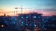 © rifai_art - Construction site with a building and cranes at dusk, overlaid with digital data and security icons