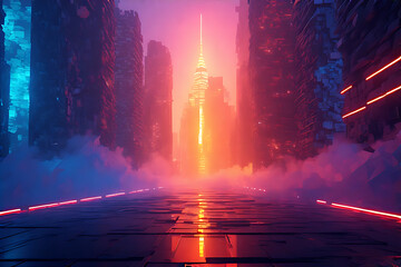 Wall Mural - Road between trees lit by orange sunset, ideal for book covers and visual storytelling, generative Ai