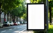 © wang - Hanging posters by the road in the city; blank vertical advertising banners on street lampposts, against lush green trees and plants. For OOH out of home template mock up. High quality