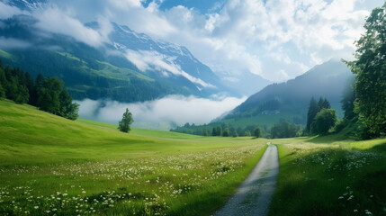 Wall Mural - green field and blue sky. field and clouds