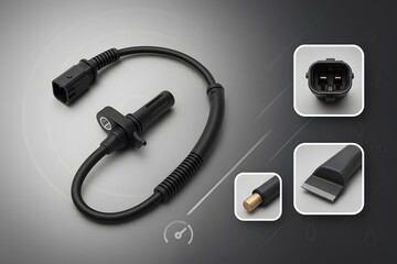 Automotive ABS Sensor with Connector Pin Detail and Sensor Tip Highlight on Metallic Layout