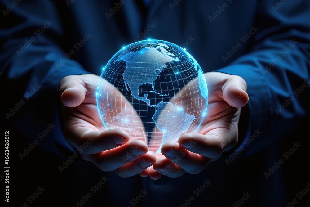 Hands holding a glowing digital earth globe with visible continents and ...