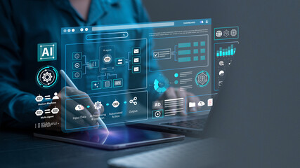 AI workflow automation artificial intelligence software interface nodes triggers data tool dashboard coding icon flow process technology. AI agent, data processing, human-machine interaction. RPA.