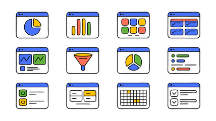 Collection of twelve dashboard interface icons representing data analysis
