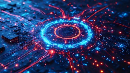 An abstract futuristic robot background with bright blue glowing circles, digital technology design.