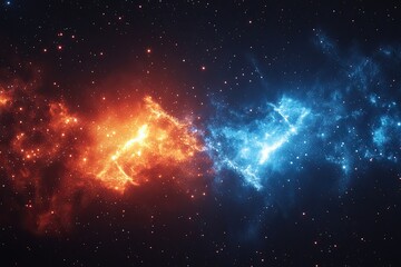 Space background with two bright flames of blue and red colors.