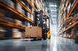 © Irina Sharnina - Forklift truck transports boxes along warehouse aisle filled with pallets of goods. Industrial logistics, transportation and storage in motion; background for business, supply chain, industry