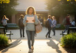 © Maria - Teenager walks through sunlit courtyard carrying backpack, glancing at schedule