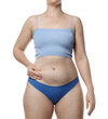 © New Africa - Liposuction. Woman in underwear touching her belly on white background, closeup