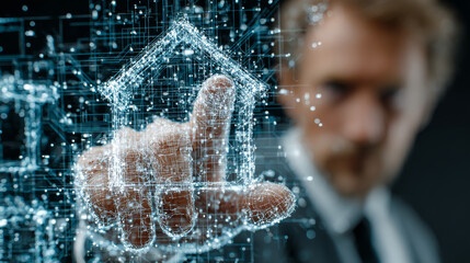 Businessman on blurred background using smart home digital interface 3D rendering