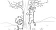 © Murs - Black and white cartoon of a worried boy watching his scared cat stuck up a tree.