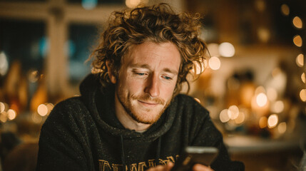 career information search concept Young man browsing online websites using smartphone working at home
