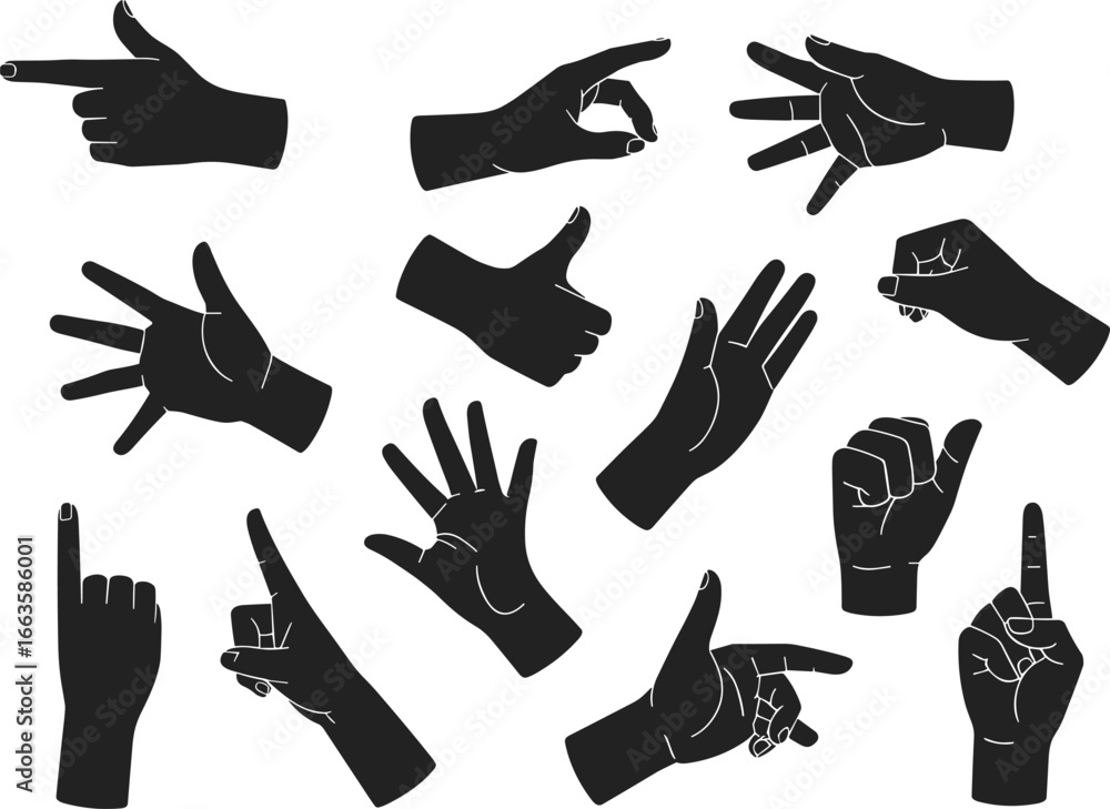เวกเตอร์ Stock Collection of black hand gesture silhouettes, different ...