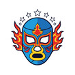 © Retryzero - Vibrant Blue and Red Luchador Mask with Flame Details and Star Embellishments.