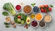 © Larisa - Colorful array of fresh fruits and vegetables arranged artistically on a light gray surface for clean eating inspiration