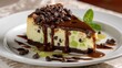 © Bintang - Close-up of a slice of cheesecake, garnished with chocolate chips and chocolate sauce, a hint of green fruit, and mint