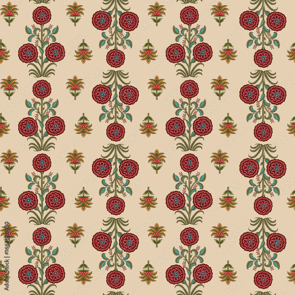 Abstract seamless color full paisley mughal motif flower leaf bunch ...