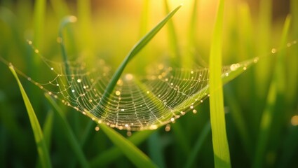 Intricate Spiderweb with Glistening Dewdrops on Green Grass in Early Morning