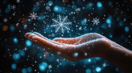 Wall Mural - holographic snowflakes floating above outstretched palm, dark backdrop featuring soft blue bokeh lig