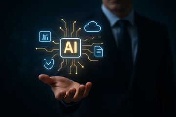 artificial intelligence technology concept with ai chip, digital data network, cloud computing and f