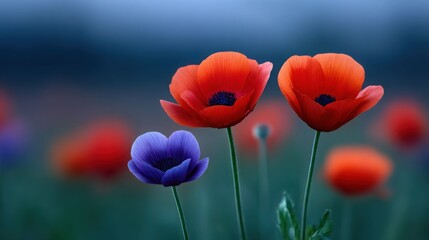 Wall Mural - A field of red and blue flowers with a blue flower in the middle