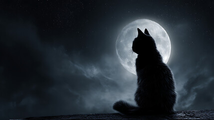 a sleek black cat silhouetted against a full moon on a dark, starry night.