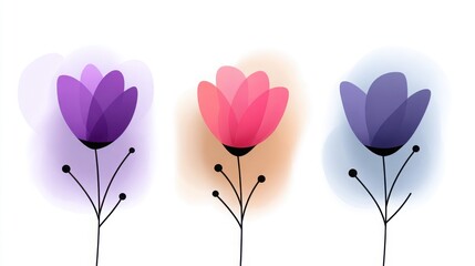 Wall Mural - three flowers with purple, pink and blue petals