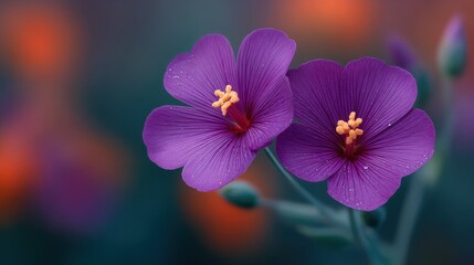 Wall Mural - two purple flowers with orange tips are in a blue background