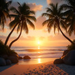 © ShorofuddinAhmed - Exotic summer vacation on a tropical beach at sunset with a palm tree silhouette against the evening sky