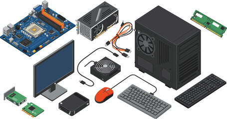 Isometric computer parts illustration, desktop PC components, motherboard, RAM, GPU, CPU, hard drive, power supply, monitor, mouse, keyboard, wires, technology hardware
