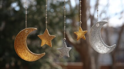 Wall Mural - Whimsical String Decor: Glittering Gold and Silver Moons and Stars for Enchanting Ambiance