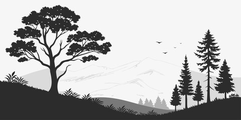 silhouette of a serene mountain landscape with trees