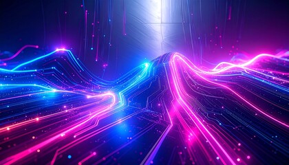 Futuristic digital landscape with flowing streams of vibrant neon data, visualizing concepts of technology and artificial intelligence