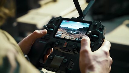 Drone operator captures scenic aerial views with handheld controller in dynamic sequence