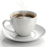 Coffee, coffee in a white cup on a white saucer, light falling on it from an angle making it more visible and attractive, close-up shot, white background