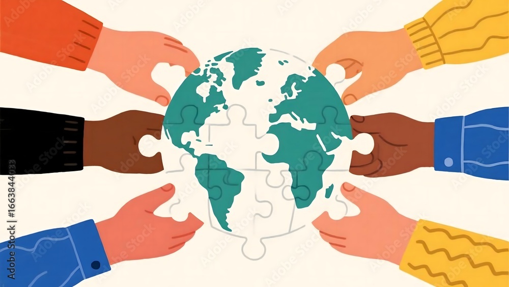 Diverse hands connect a puzzle piece, completing a globe. Symbolizes ...
