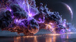 © Asif - Purple paint powder splashes. Flows of magic dust with glitter particles and sparkles. Vector realistic set of flowing violet clouds of fog or steam with shimmer isolated on black background