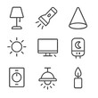 © vVadim - Lighting Mode Icons. Line style icons of lighting modes: lamp icon, flashlight beam, spotlight cone, ambient glow, backlit screen,