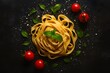 © Ariel - Overhead gourmet pasta with basil, parmesan, and cherry tomatoes
