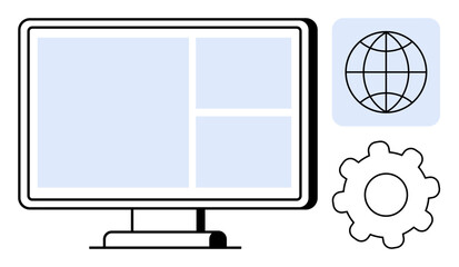 computer monitor with grid layout, globe for global connectivity, and gear for configuration. ideal 