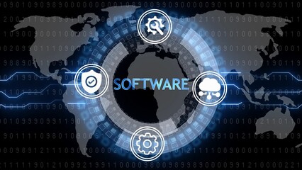 Global Software Development Technology Network with Icons and Binary Code Background image photo