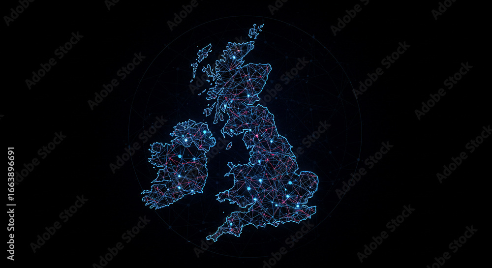 A digital map of the united kingdom and ireland with glowing nodes and