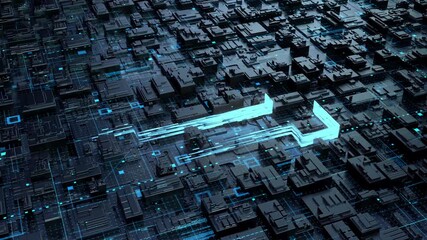 3d black cube circuit landscape with glowing blue digital lines. Abstract technology background with grid blocks, cyber data flow, ai, blockchain, server and virtual network concept