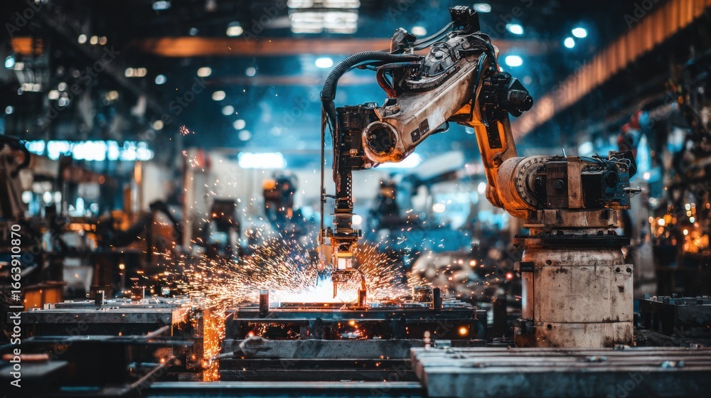 Industrial Robot Arm Welding Sparks in Modern Manufacturing Facility ...