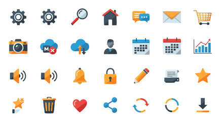 Collection of versatile flat design interface icons representing various functionalities and common actions like settings and communication 150