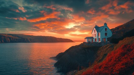 Wall Mural - photo of a cottage overlooking the coast in West Wales, incredibly vivid colors, autumn colors in hues of red and gold, vivid blues, incredibly striking sunset
