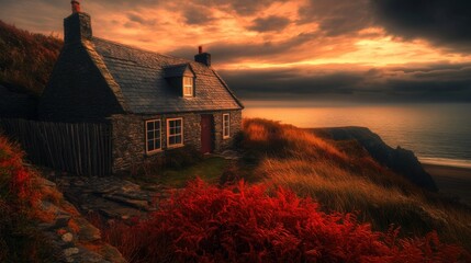 Wall Mural - photo of a cottage overlooking the coast in West Wales, incredibly vivid colors, autumn colors in hues of red and gold, vivid blues, incredibly striking sunset
